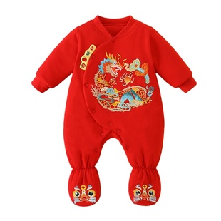 新生婴儿满月百天衣服纯棉宝宝冬季加厚包脚连体衣过年新年套装红