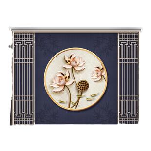 窗帘复古新款中式山水画客厅办公室背景画卧室客厅遮光卷拉式卷帘