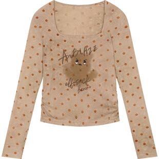 妖精的口袋波点印花u领长袖t恤女2026年早春新款修身显瘦薄款上衣