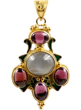 纯银烧蓝镶嵌石榴石配饰复古吊坠