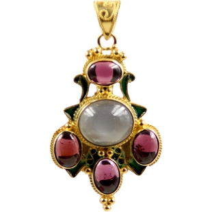 外贸出口S925纯银烧蓝项坠花丝镶嵌石榴石灰月光石吊坠女配饰复古