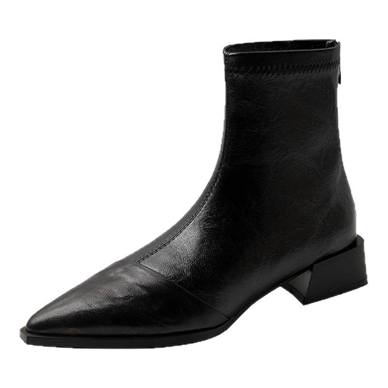 法式复古棕色羊皮粗跟弹力瘦瘦靴女秋冬新款中跟尖头小短靴英伦风