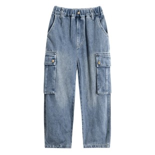 男童秋冬直筒工装加绒牛仔裤2025新款儿童男孩冬季痞帅宽松厚裤子