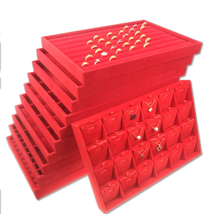 柜台红绒黄金耳环首饰展示盘手镯项链吊坠戒指珠宝托盘收纳盒高档