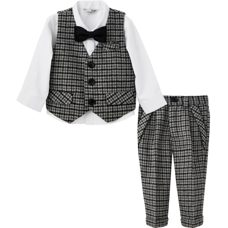 男童小西装马甲秋冬加厚格子毛呢男孩周岁生日套装花童礼服2件套