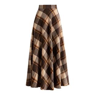 2025秋冬新款毛呢格子半身裙女高腰a字裙冬裙中长款加厚大码长裙