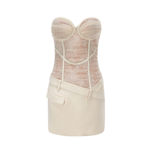 [甄选4折]NanaJacqueline蕾丝拼皮连衣裙女新款复古性感抹胸短裙