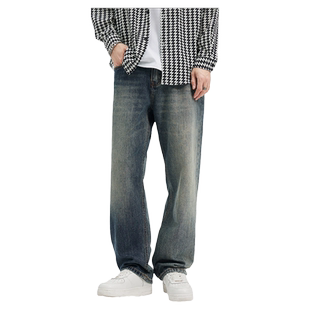 NBKY美式AB版双色复古做旧牛仔裤男款高街阔腿长裤子宽松直筒春款