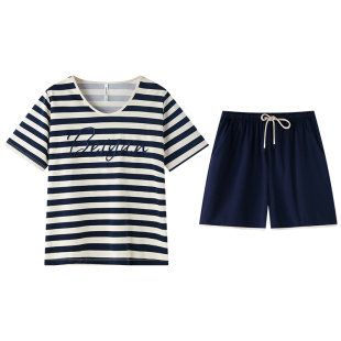 贝妍凉感睡衣女夏季薄款纯棉短袖家居服时尚条纹少女宽松运动套装