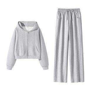 真维斯女款运动休闲套装2026新款春季短款连帽外套卫衣窄版直筒裤