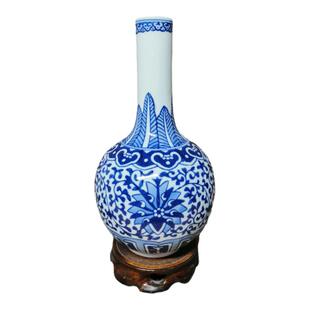 包老景德镇567老厂瓷/建国瓷厂柴窑青花洋莲装饰收藏摆件小天球瓶