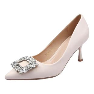 法式气质方扣水钻尖头高跟鞋女细跟秋冬小众设计感米白色婚纱婚鞋