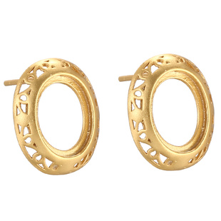 古法沙金耳钉空托复古镂空女椭圆形耳环DIY镶嵌蜜蜡琥珀耳饰空托