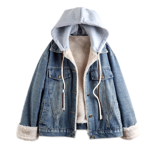 2025秋冬新款加绒加厚牛仔外套女连帽羊羔毛宽松百搭棉服夹克上衣