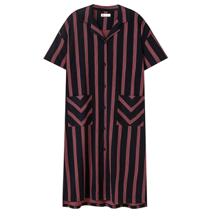 妮狄娅睡衣睡裙女夏薄款纯棉宽松BF风条纹衬衫裙休闲可外穿家居服