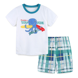 婴儿童夏季纯棉卡通章鱼印花短袖T恤格子短裤两件套装男女童衣服