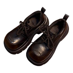 复古真皮松糕厚底小皮鞋女英伦风圆头德比鞋小个子增高加绒乐福鞋