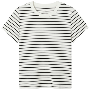 热风女士白色短袖上衣2026年春季新款基础正肩黑色条短袖T恤条纹