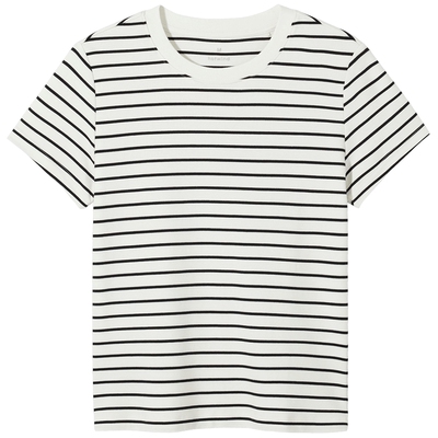 热风女士白色短袖上衣2026年春季新款基础正肩黑色短袖T恤条纹短t