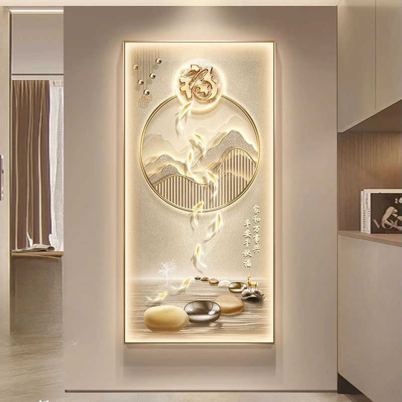 现代简约玄关装饰画轻奢高级感走廊过道挂画入户正对门福鹿壁灯画