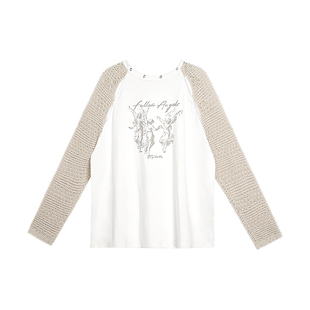 SagiDolls少女斗志宽松慵懒纯欲显瘦BF风针织插肩袖天使印花T恤秋