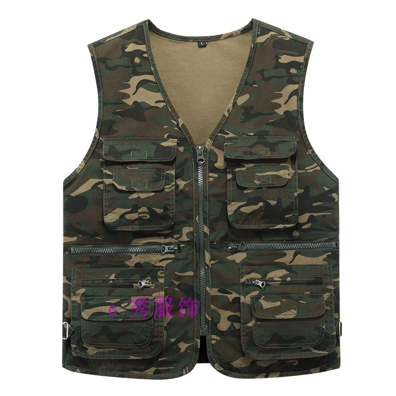 多口袋春秋迷彩马甲男士中老年纯棉大码坎肩背心运动休闲工服军绿