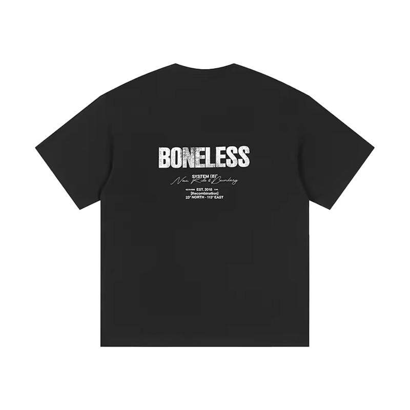 BONELESS美式复古后背斑驳logo印花短袖圆领T恤男女情侣夏季上衣