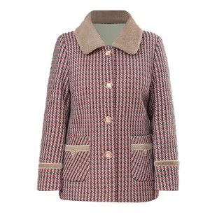 老年人冬装外套女奶奶格子短款大衣妈妈洋气新款老人加厚加绒棉衣