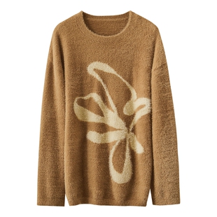 Amii2025冬新款休闲圆领仿貂绒撞色挂毛提花毛衣女宽松落肩袖上衣