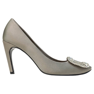 Right Video/王漫妮明星同款RV高跟鞋水钻方扣圆头浅口绸缎单鞋女