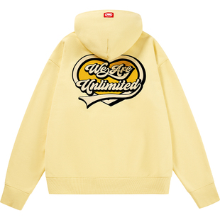 ecko红犀牛  爱心印花重磅连帽抓绒情侣淡黄卫衣2025秋季新款外套