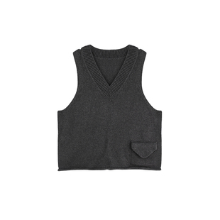 LEOHAPPY女童马甲5针棉纱粗肌理V领卷边毛织背心