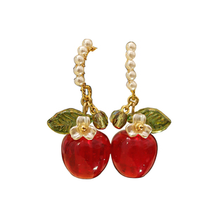 野菓子手工琉璃秋冬耳环新年礼物配饰红色苹果复古小众耳饰耳夹女