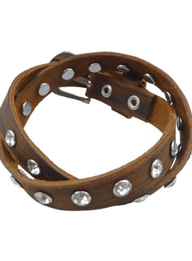 两圈棕色柔软牛皮闪亮小水钻手链