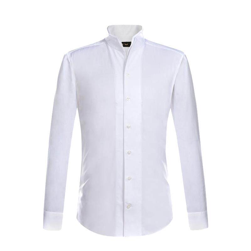富绅中式白色男立领长袖衬衫修身青年中山装衬衣商务春秋季纯色衬