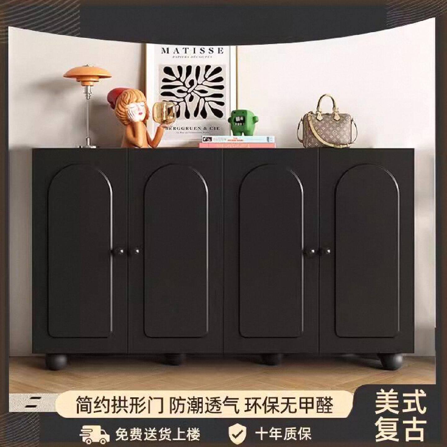 实木鞋柜家用门口鞋架储物柜入户玄关柜新款法式轻奢网红黑色鞋柜