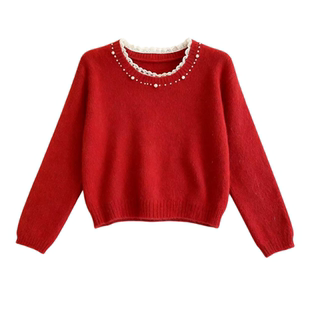 水貂绒红色钉珠毛衣女秋冬季2025新款圆领宽松套头洋气针织打底衫