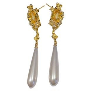 《桂花酿》复古优雅宫廷风黄色锆石花朵水滴珍珠长款耳环耳夹耳饰