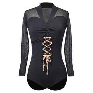 HC·DANCE拉丁舞练功服女士V领舞衣上衣新款长袖黑色连体衣DS020