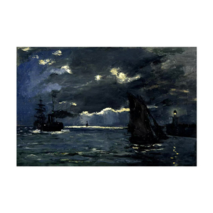 莫奈月光下的海景纯手绘油画印象画北欧丙烯画客厅装饰画艺术挂画
