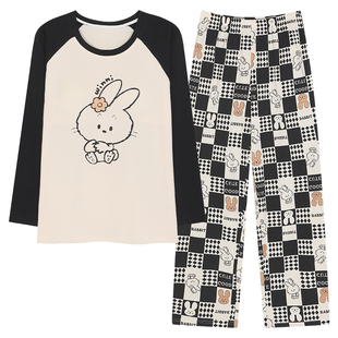 春秋季长袖格子睡衣套装女自带胸垫一体夏冬天家居服大码卡通宽松