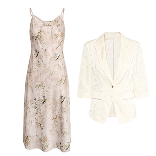 马天奴女装春夏新款提花西装西服外套印花吊带连衣裙子两件套装女