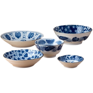 美浓烧日式古染蓝绘碗盘碟餐具套装釉下进口家用米饭碗送礼25件套