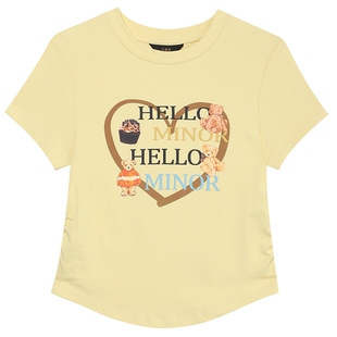 白鹿语爱心印花短袖上衣女2025夏新款淡黄色圆领修身显瘦短款t恤