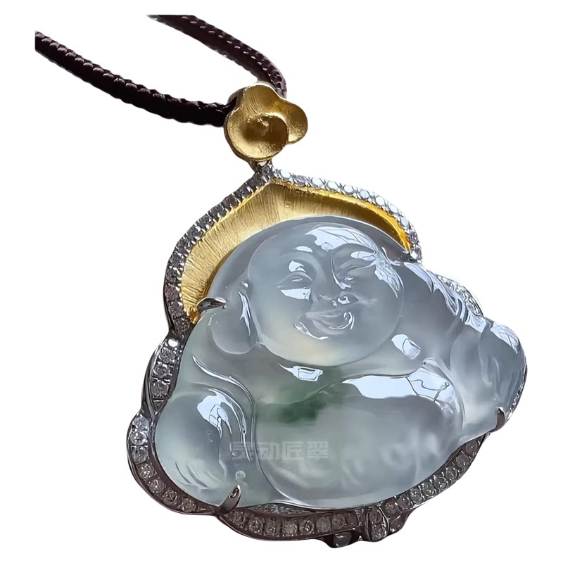 酒窝笑佛18k金镶嵌翡翠玉佛吊坠