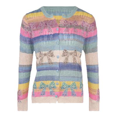 TCH私服烫钻蝴蝶结彩色条纹时尚休闲针织开衫女长袖T75A43E5007