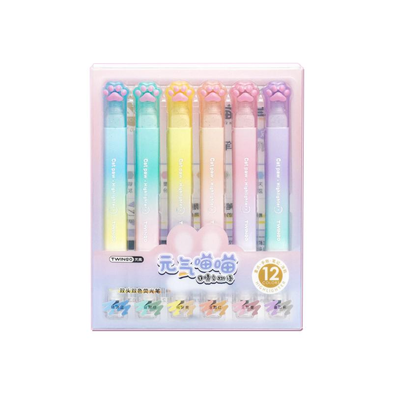 双头猫爪荧光笔小学生专用高颜值大容量彩色女生初中生记号笔粗划重点轮廓笔手账莹光笔做笔记标记笔斜头套装