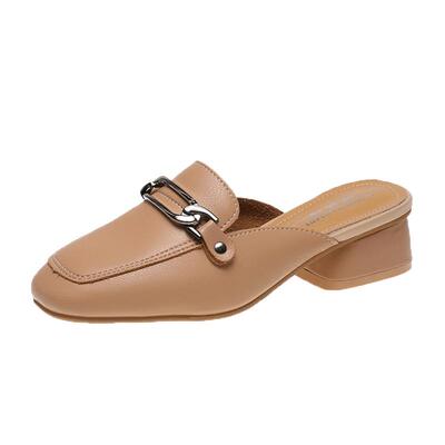 女包头穆勒粗跟平底舒适拖鞋