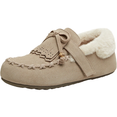 天美意复古厚底加绒乐福毛毛鞋棉鞋女雪地靴休闲短靴2025冬季新款