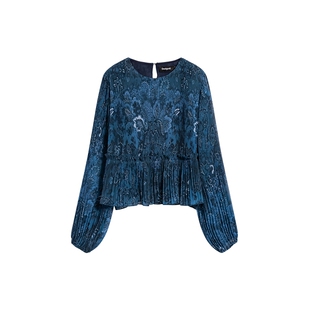 Desigual宽松复古印花百褶圆领长袖女式衬衫